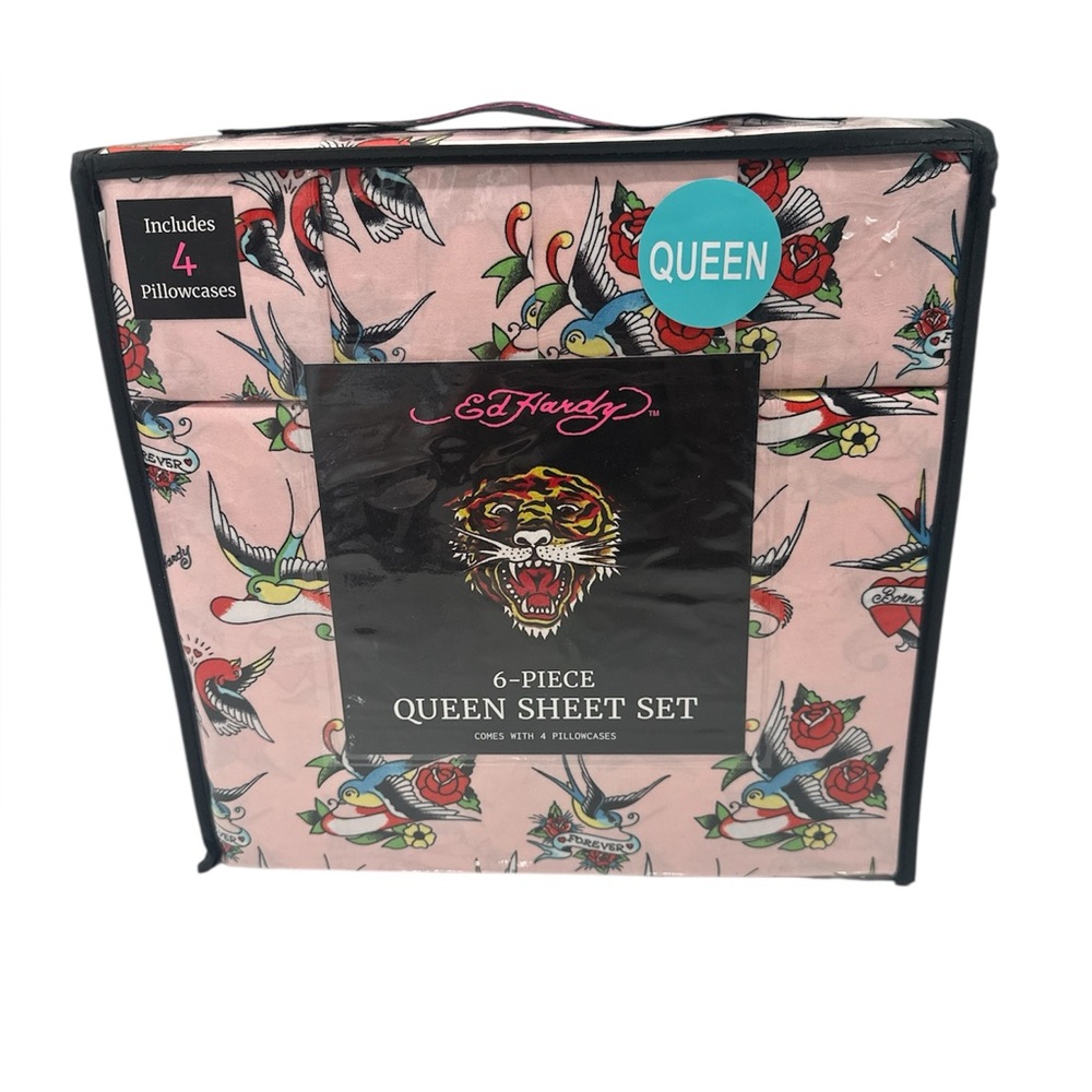 Ed Hardy 6 Piece Queen Sheet Set Pink Born‎ Free Tattoo Print NWT